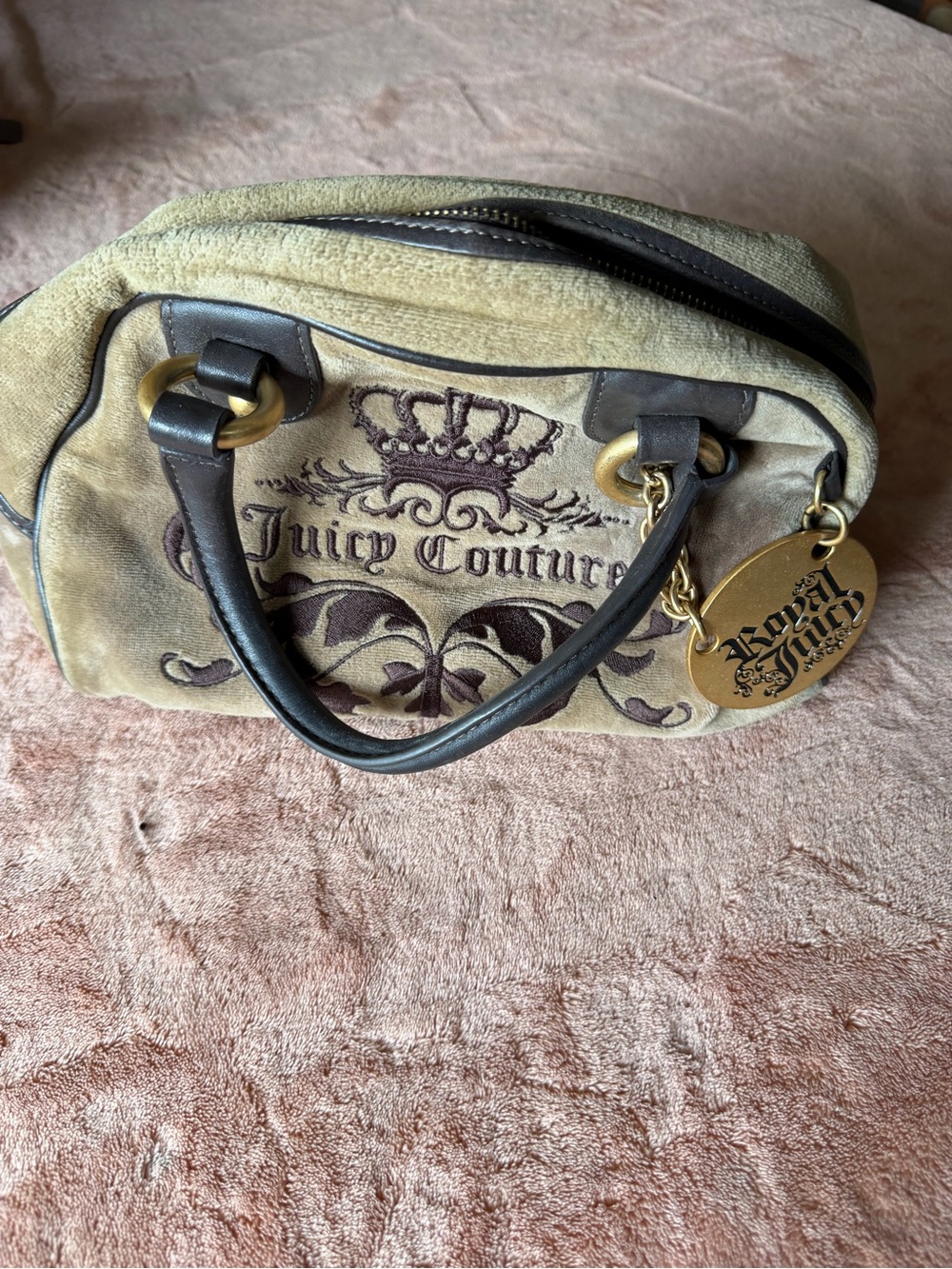 Juicy Couture Beige Suede Satchel with Black Handles and Gold Charm